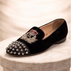CHRISTIAN LOUBOUTIN Black Velvet Studded Slip-On Loafer with Embroidered Crest